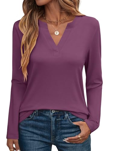 ANRABESS Womens Long Sleeve Shirts V Neck Business Casual Work Tunic Tops Basic Tees 2025 Fall Outfits Mauve Large
