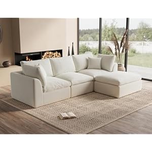110″ Cloud Sectional Couches for Living Room, Convertible L-Shape Couch with Ottoman, 3 Seater Modular Sectional Sofa, Warm White