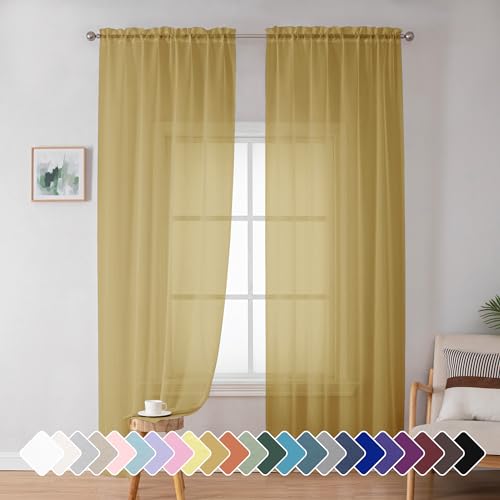 Image of Simplebrand Gold Sheer Curtains 72 Inches Long 2 Panels for Living Room, Rod Pockets Airy Window Treatments Voile Sheer Curtains Panels Lightweight for Front Back Patio Glass Door, 42 inch Width