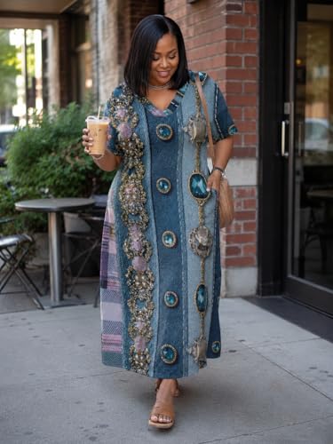 Image of SUZONANA Plus Size Denim Print Maxi Dresses for Women Casual V Neck Short Sleeve with Pockets Soft Jean Look Dress XL-6XL