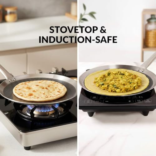 Image of Nestasia Triply Stainless Steel Honeycomb Dosa Tawa (32 cm) - Non Stick Scratch Resistant Tava for Healthy Cooking | Induction & Gas Stove Friendly, Even Heating, Less Oil Use
