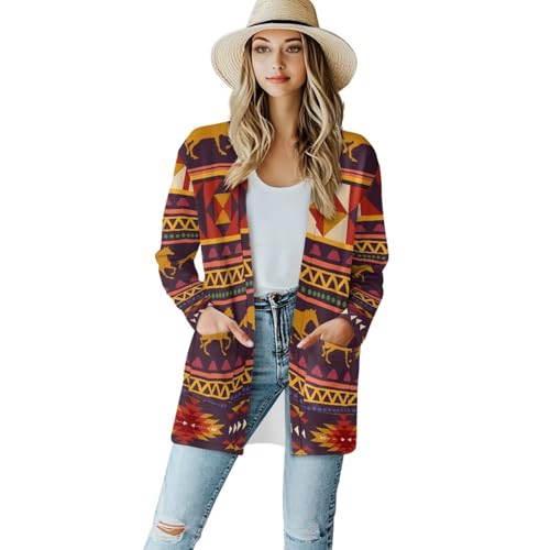 Image of Women's Aztec Open-Front Jacket Lightweight Casual Outerwear Native Western Aztec Pattern & Plaid Houndstooth Print