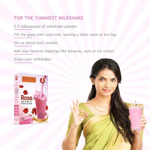 Image of BAKERS Milk Shake Mix Powder - Rose Flavor Pack of 4, Each 100g (400 Gram) | Instant Thick & Creamy Shake Mix | Rich & Delicious Dessert Drink | Ready to Mix with Milk | No Preservatives |Ready in 30 Sec