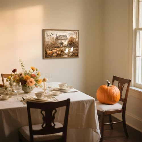 Cute Halloween Ghost Wall Art, Spooky Ghost Pumpkin Wall Decor Painting Vintage Rustic Haunted Canvas Prints Fall Landscape Picture for Living Room Bedroom Bathroom 12x16 inch Wood Framed by Mynotix - Used condition - Image 2