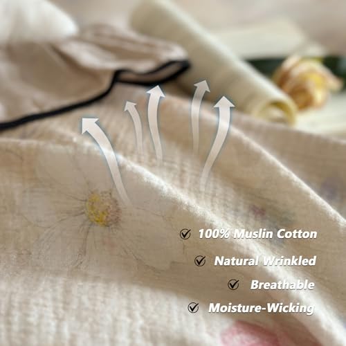 Ruffle Duvet Cover Queen Muslin Cotton Vintage Flower Duvet Cover Soft Breathable Linen Like Gauze Bedding Set for Girls-Ivory