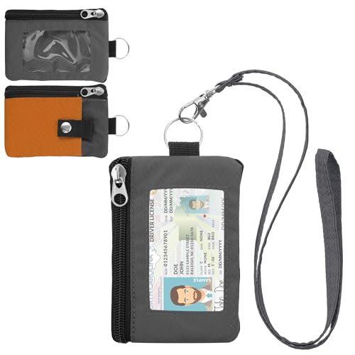 Image of Minimalist RFID Wallet with Lanyard, Multi-functional ID Case with 2 Zipper Pockets and Key Chain for Men and Women, Tactical Badge Pouch Cards Holder, Coin Purse for Travel Sports - Gray&Orange