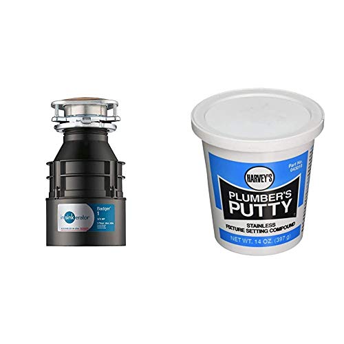 InSinkErator Garbage Disposal, Badger 1, 1/3 HP Continuous Feed & WM Harvey 043010 Professional Grade Plumber's Putty, 14 oz, Off-White
