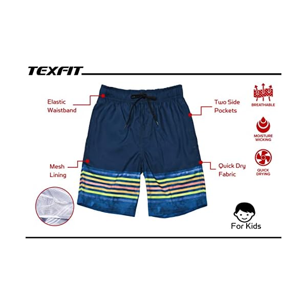TEX2FIT Boy's 2-Pack Quick Dry Swim Trunks for 7-14yrs Boys with Mesh Lining and Pockets (2pcs Set) (Green Camo/Blue Stripe, Medium (10)) - Image 3