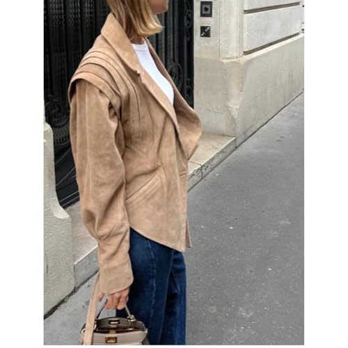 Khaki Jacket Notch Collar Ruched Belted Long Sleeve Wrap Irregular Vintage Fall Casual Streetwear Jacket2