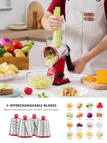 Image of GDL Upgraded Cheese Grater Shredder Hand Crank, Vegetable Slicer, 4 Blades | 18x Faster Cutting, Stronger Suction Base, No BPA, Stainless Steel Blade, Dishwasher Safe, For Cheese & Veggies & Nuts