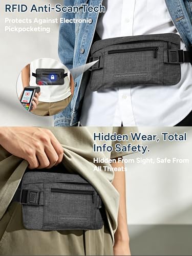 Image of Hidden Money Belt for Travel, RFID Blocking Waist Wallet, 2 Zippers