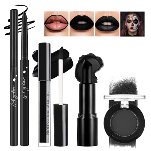 Prreal 4PCS Halloween Makup Kit Black Matte Liquid Lipstick Moisturising Lip Gloss Non-Stick Cup Lipstick and Lip Liner Set Waterproof Eyeliner Pencil Eyeshadow Palatte Face Body Paint Set