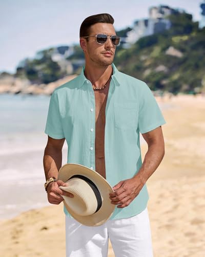 Image of J.VER Mens Linen Shirt Short Sleeve Button Down Casual Summer Shirts | Cotton Linen, Untucked, Big Tall, from Beach Camp Vacation, Cruise Fishing, Work Office, to Wedding Party Family, with Pocket