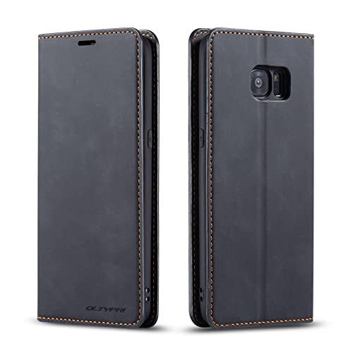 QLTYPRI Étui de protection à rabat en cuir fin pour Samsung Galaxy S7 Edge avec compartiment pour cartes - Compatible avec Samsung Galaxy S7 Edge - Noir