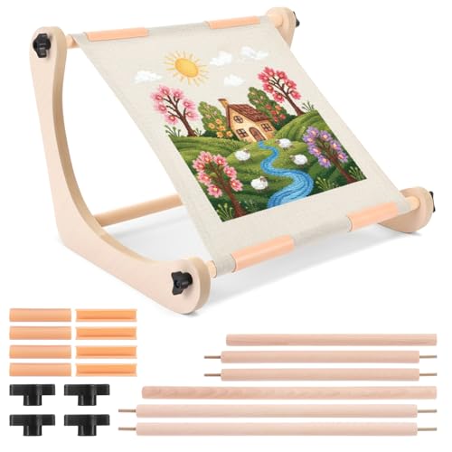 AOZUO Adjustable Embroidery Table Stand Hands-Free Cross Stitch Hoop Stand Wood Embroidery Hoop Holder Cross Stitch Scroll Frame for Lap or Table Top Stitching Sewing Supplies with 2 Sizes Rod