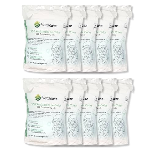 Hexacare - Lot de 10 Paquets de 200 Rectangles de Coton | Pads 8x10 cm Extra Doux pour Bébé et Démaquillage | 100% Fibres Naturelles | Hypoallergénique | Testé Dermatologiquement