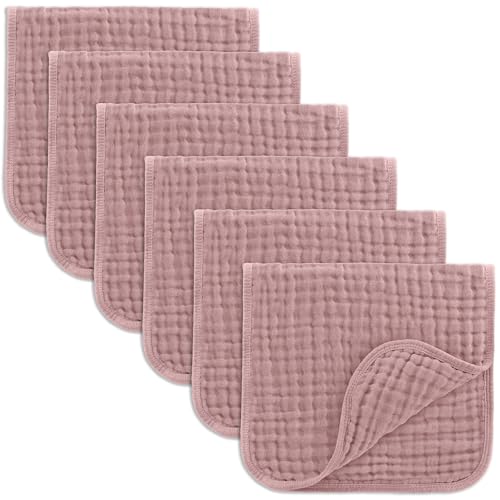 Image of Comfy Cubs Muslin Burp Cloths 20" x 10", Pack of 6 - Large, 6-Layer, Ultra Absorbent 100% Cotton for Baby Drool and Messes - Soft, Safe & Gentle Baby Burp Cloths Set for Boys & Girls - Mauve