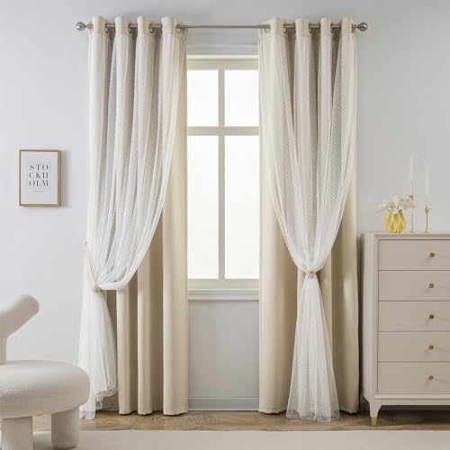 Image of MYSKY HOME Beige Blackout Curtains with Sheer Overlay 52Wx95L,2 Panels