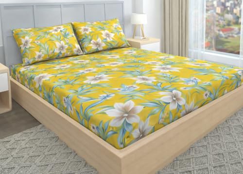 Image of BEVI - Home Super Fabric 300 TC Microfiber Single Queen Size Bedsheet with 1 Pillow Cover - Printed Yellow Flower (60x90)