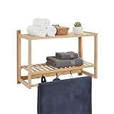 Relaxdays Wandregal Bad, HxBxT: 40 x 60 x 23,5 cm, Bambus, Handtuchstange, 3 Haken, Hängeregal Badezimmer & Küche, Natur
