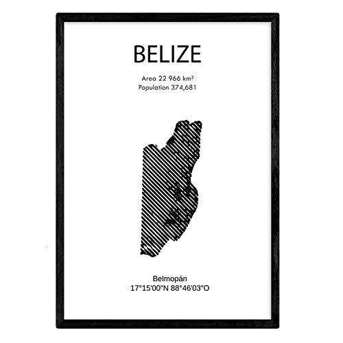 Nacnic Feuille carte Belize. Photos, impressions et affiches pour le salon, la chambre à coucher... Style nordique en noir et blanc. Poster de pays et continents. Format A3 sans cadre.