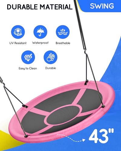 Image of Everyfun 43 inch Saucer Tree Swing for Kids Adult, 700lbs Weight Capacity, Waterproof Flying Saucer Swing with Adjustable Hanging Straps, Swing Seats for Backyard Outdoor Indoor Playground, Pink