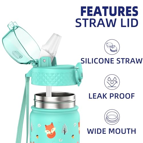 GOPPUS 420ml/14oz Kids Insulated Water Bottle with Straw Cute Double Wall Stainless Steel Child's Small Flask Vacuum Insulated Steel Metal Leak Proof Drink Flask Boys Toddler Girls Bottles BPA-Free - Image 2