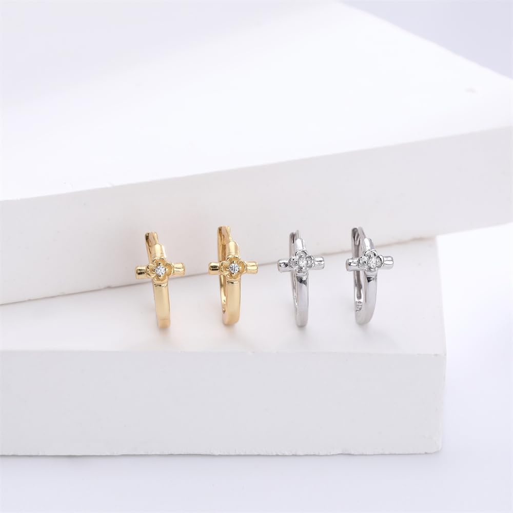 Dainty Cross Flower CZ Tiny Mini Hoop Earrings for Women Cartilage 925 Sterling Silver Gold Plated Cross Small Huggie Hoops Hypoallergenic for Sensitive Ear Fashion Jewelry Gift Daughter Her Birthday - Image 3