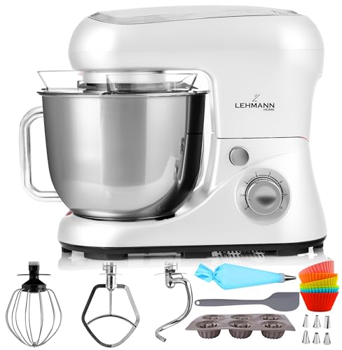 Lehmann - Máquina de cocina planetaria, cuenco (acero inoxidable, 5 L, batidora multifunción, 2200 W, 6 velocidades) - Tapa antisalpicaduras, gancho amasador, batidor