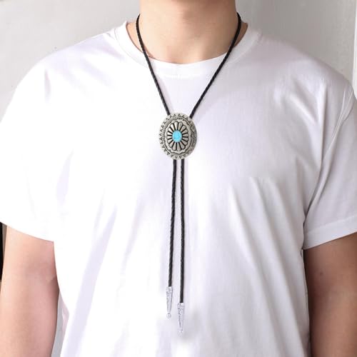 Image of GelConnie Bolo Tie for Men Women Western Cowboy Turquoise Leather Necktie | Natural Stone Bolo Tie Necklace for Women Rodeo Cowboy Leather Necktie Native American Western Cowgirl Ties Adjustable Cord