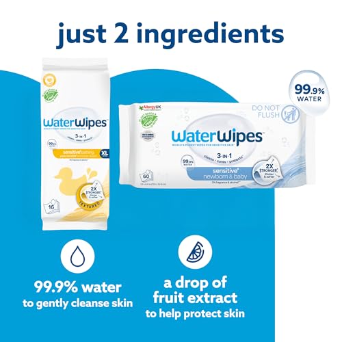 Image of WaterWipes Bundle, Original 720 Count (12 packs) & XL Bathing Wipes 16 Count (1 pack), Plastic-Free, 99.9% Water Based Wipes, Unscented, Hypoallergenic for Sensitive Skin, Packaging May Vary