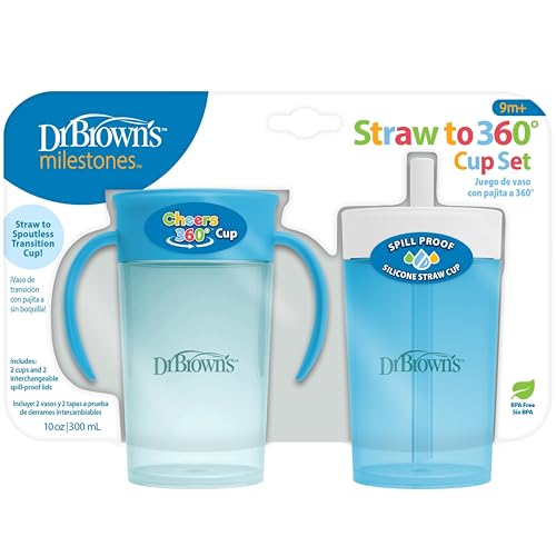 Image of Dr. Brown's Milestones Straw to 360 Convertible Toddler Training Cup Set with Interchangeable Silicone Straw and 360 Degree Cup Lids, Blue Ocean, 10 oz/300 mL, BPA-Free, 9m+, 2-Pack