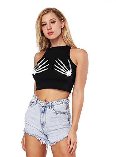 Ainuno Skeleton Crop Top Halloween Skull Cropped Tank Top For Women Teen Girls Sexy Y2K Crop Top Sleeveless Goth Shirts Aesthetic Rave Tops Vintage Punk Tees Rock Graphic Skeleton Hands Outfits Summer #TOP1