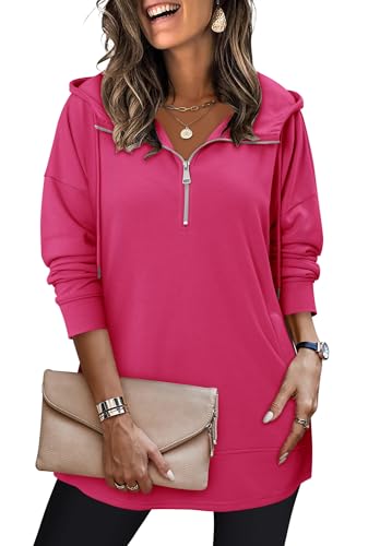 onlypuff Women Hoodie Pullover Trendy Quarter Zipper Lapel Sweatshirts Drawstring Cute Hooded Tunic Tops with Side Pockets