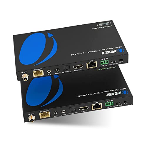 4K ARC HDMI Extender Balun by OREI - HDBaseT UltraHD 4K @ 60Hz 4:4:4 Over Single CAT5e 6 7 Cable with HDR, LAN, CEC, ARC & IR Support, RS-232 - Up to 330 Ft - Audio Out - Power Over Cable - LAN Out