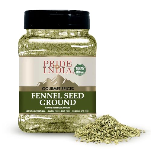 Pride Of India – Fennel Seed Ground – Natural & Gourmet Spice – Perfect Addition to Tea/Drinks/ Roast/Rubs/Bakes/ - Cooling Properties – Easy to Store – 8 oz. Medium Dual Sifter Jar
