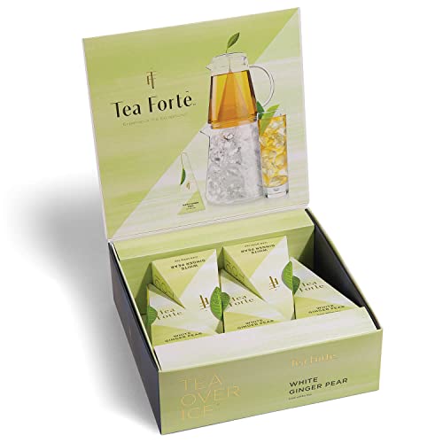 Tea Forte Tea Over Ice White Ginger Pear Premium Organic Caffeinated White Iced Tea Blend, 5 Count Individually Wrapped Handcrafted Pyramid Infuser Tea Bags, Each Steeps 24 oz.