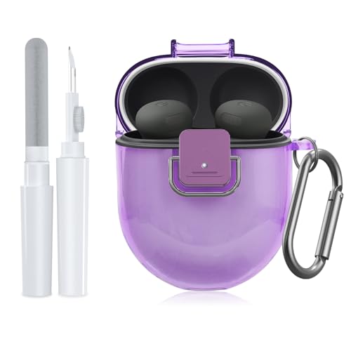 for Google Pixel Buds Pro 2 Case Cover with Lock Clip Clear TPU Case for Google Pixel Buds Pro1/2 Shockproof Protective Case Skin wtih Keychain & Cleaner Kit for Girly/Women/Man (Clear Purple)