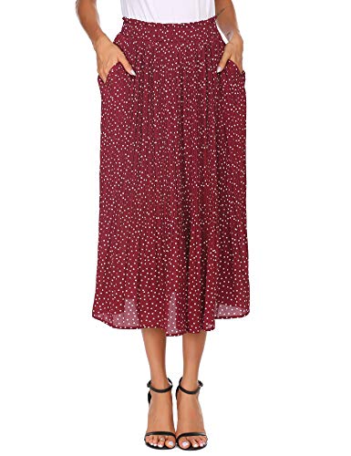 Parabler Falda midi de gasa para mujer, elegante, floral, lunares, larga, cintura elástica, falda de verano, plisada, falda de playa con bolsillos, rojo, L