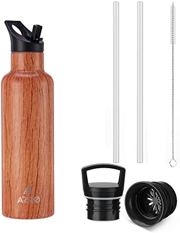 Arslo Insulated Stainless Steel Water Bottles, Double Wall Water Bottle With Straw, Vacuum Insulated Bottle Keep Cold 24 Hours, Wood Grain