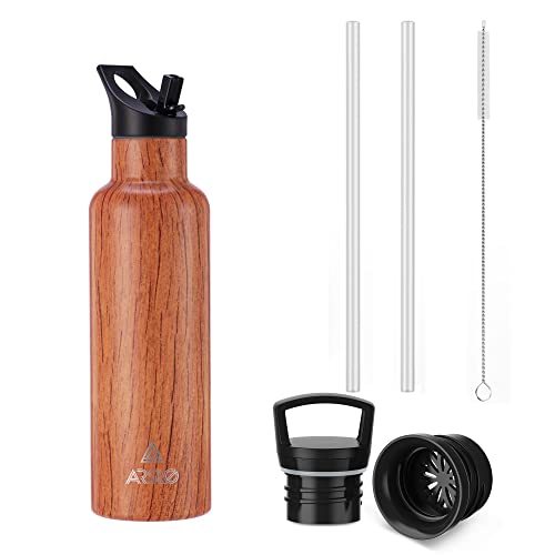 Arslo Insulated Stainless Steel Water Bottles, Double Wall Water Bottle With Straw, Vacuum Insulated Bottle Keep Cold 24 Hours, Wood Grain #TOP3