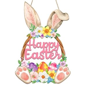 Wooden Easter Decoration Door Wreath for Front Door Sign Wall Signs Rabbit Spring Decoration Hollow Bunny Sign Flower Egg Welcome Hanging for Home Wall Decor Party Outdoor indoor Supply Happy Easter
