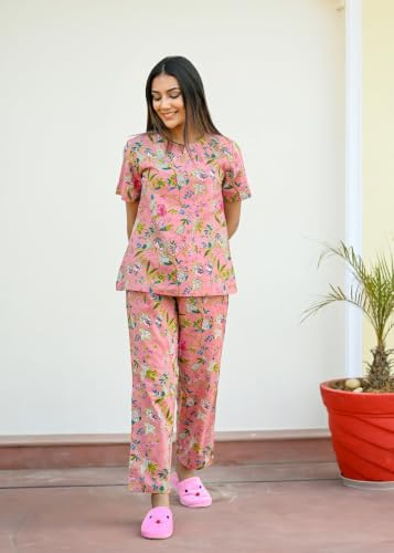 Image of SANSKRUTIHOMES Women's Premium 100% Cotton Printed Co-Ord Set | Short Sleeve Shirt & Pant Set | Pink Checkered Sun & Palm Tree Print | Casual Summer Resortwear, Vacation Wear & Comfortable Loungewear