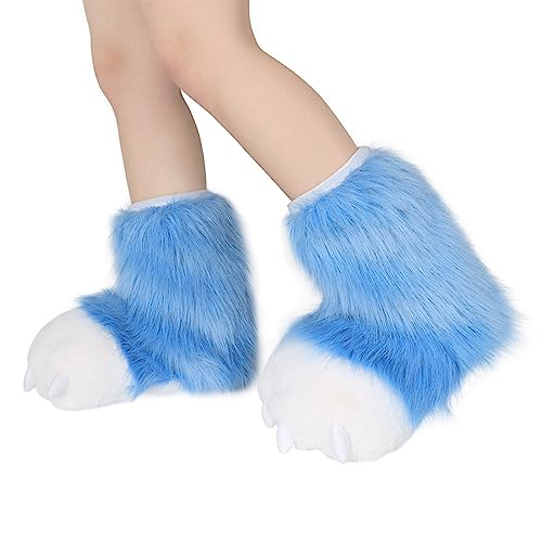 JUNBOON Fuzzy Bear Feet Paw Slippers Cat Wolf Fox Animal Claw Shoes Furry Boots Costume Accessories for Adult Halloween Cosplay Indoor2