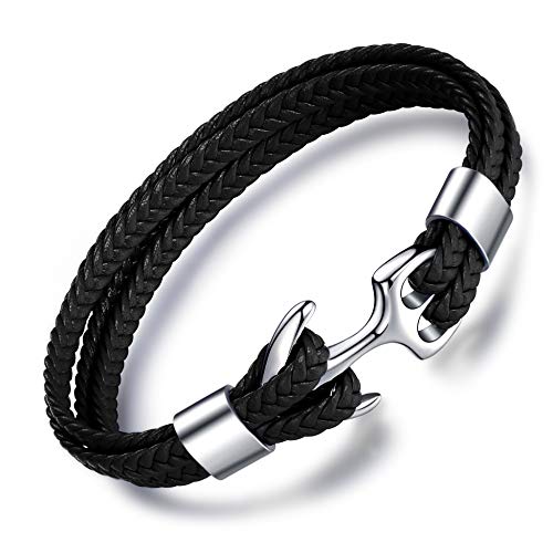 MicLee-Pulsera Hombre Cuero Brazalete Ancla Acero Inoxidable Esperanza Amor Cuero Trenzada Brazalete con Tarjeta de Felicidacion 3D, Color de Negro 20-23CM