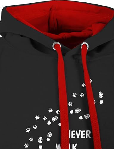 Pullover Herren Frauen Hoodie Kontrast zweifarbig - Geschenk für Hundebesitzer - Never walk alone Pfotenabdrücke - XL - Schwarz/Rot - klamotten mit hundepfoten damen hoody hund hundefan gassi