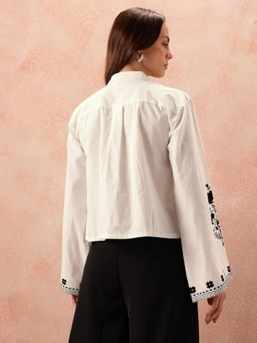 Image of Bee M Pee Designer Women's Embroidered Korean Crop Shirt | Full Bell Sleeves Western Tops for Woman Stylish | Oversized Formal /Casual /Office Wear Cotton Shirts Top for Women