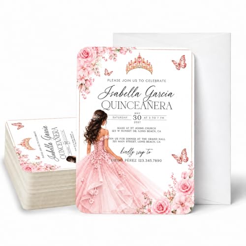 Andaz Press 24 Personalized Quinceanera Invitations With Envelopes Customized Printed Cards For Quince Or XV Anos Celebration Roses Butterflies Dress Design 5x7 Invitation Set Invitaciones 15 Anos