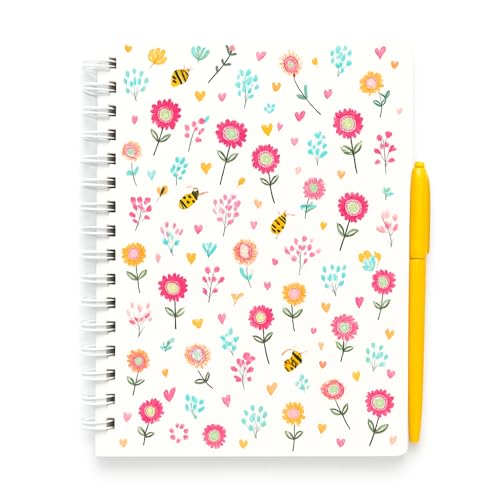 Sixstore Juego de cuaderno y bolígrafo en espiral A5, diseño de flores y abejas, cuaderno de notas A5 forrado con alambre