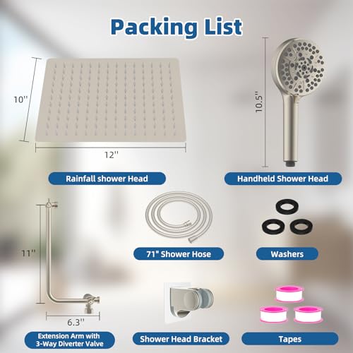 Image of 12 inch Metal Rainfall Shower Head with 10-Mode Handheld, Brushed Nickel